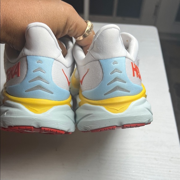 Hoka White and Red Running Shoes with Yellow Sole - Picture 4 of 6